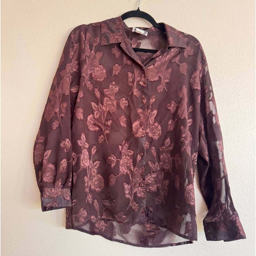 Vintage Courtenay Burgundy Floral Jacquard Sheer Blouse M Dark Academia Preppy